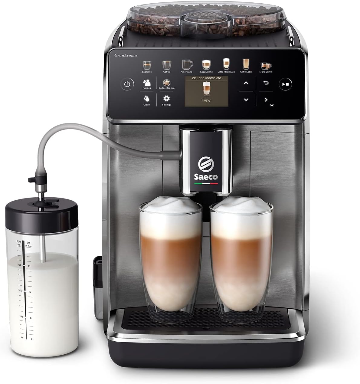 Saeco GranAroma SM6585/00 Machine à café grains espresso - 16 boissons et écran couleur intuitif - Broyeur céramique acier inoxydable gris