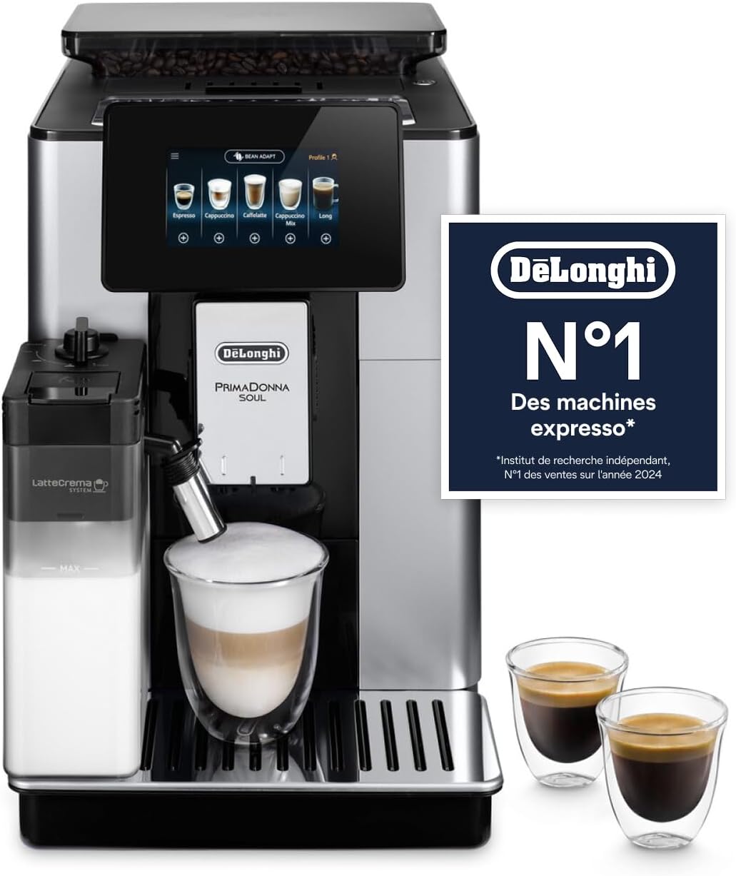 De Longhi PrimaDonna Soul ECAM612.55.SB - Machine expresso automatique 18 boissons - Noir acier inoxydable réservoir 2,2 L - LatteCrema écran Full Touch et moulin intégré