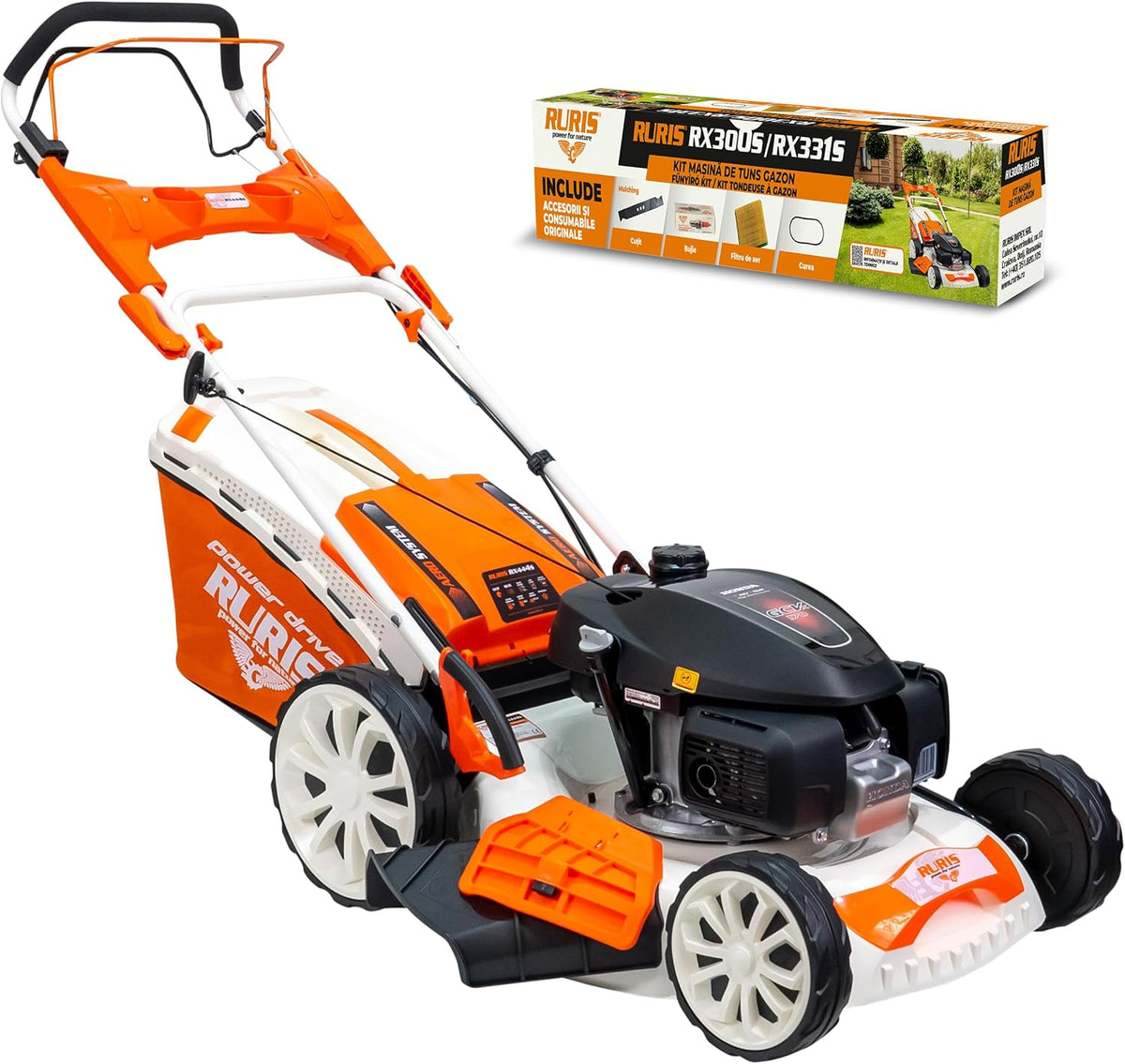 RURIS RX444S - Tondeuse thermique autotractée moteur Honda 4,6 CV - Orange largeur de coupe 51 cm bac 65 L - 5 fonctions mulching éjections et autonettoyage