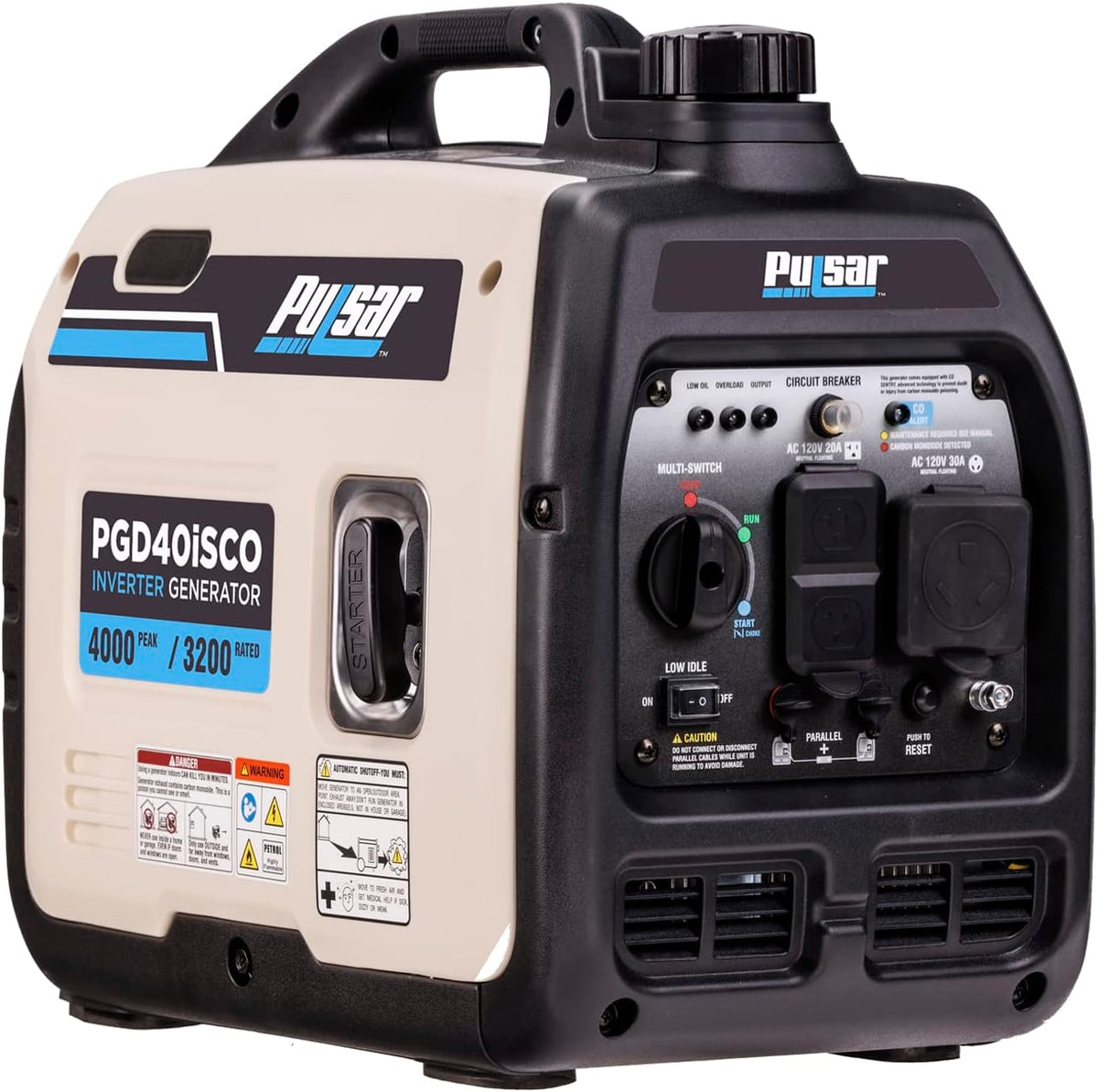 Pulsar PGD40ISCO - Groupe électrogène inverter essence 4000 W - Blanc 120 V poids 47,3 livres - Générateur portable ultra léger et silencieux pour camping