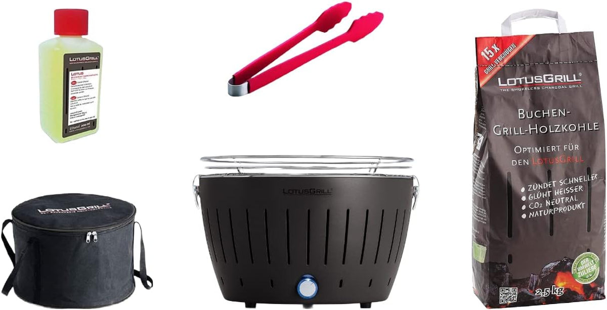 LotusGrill Kit de démarrage - Barbecue à charbon de bois anthracite 34 x 34 x 23,4 cm - Charbon de hêtre et pâte combustible - Sac de transport pince et plateau amovible