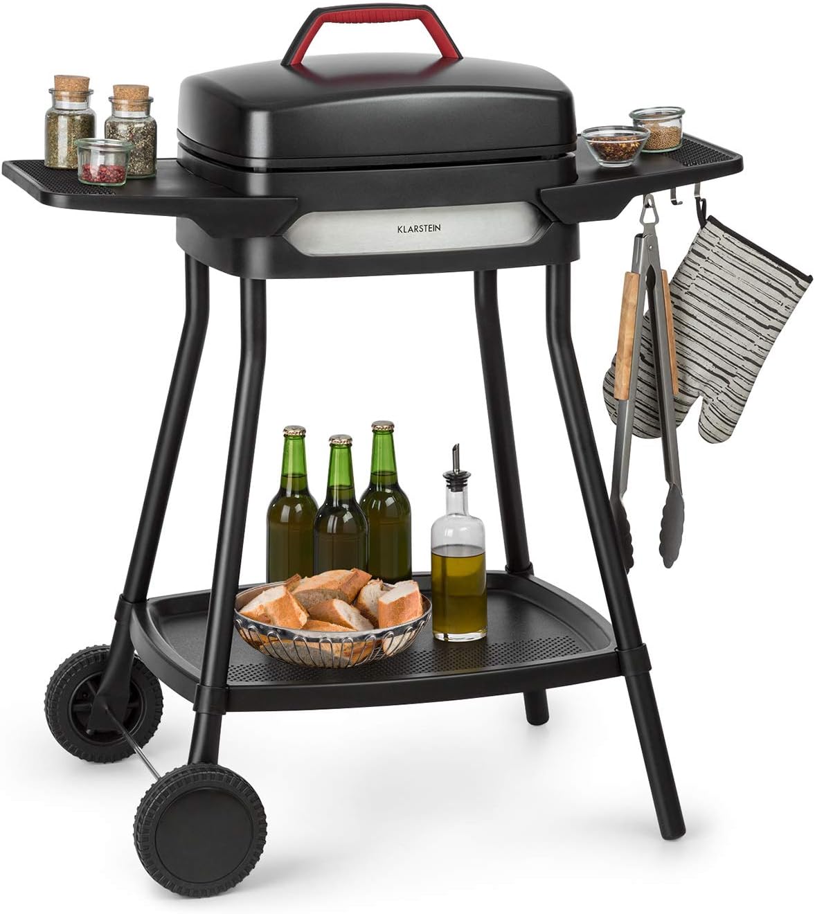 Klarstein Gatsby Gril électrique sur pied 2000 W - Surface cuisson 40 x 36 cm antiadhésive avec couvercle - Barbecue extérieur noir avec tables latérales