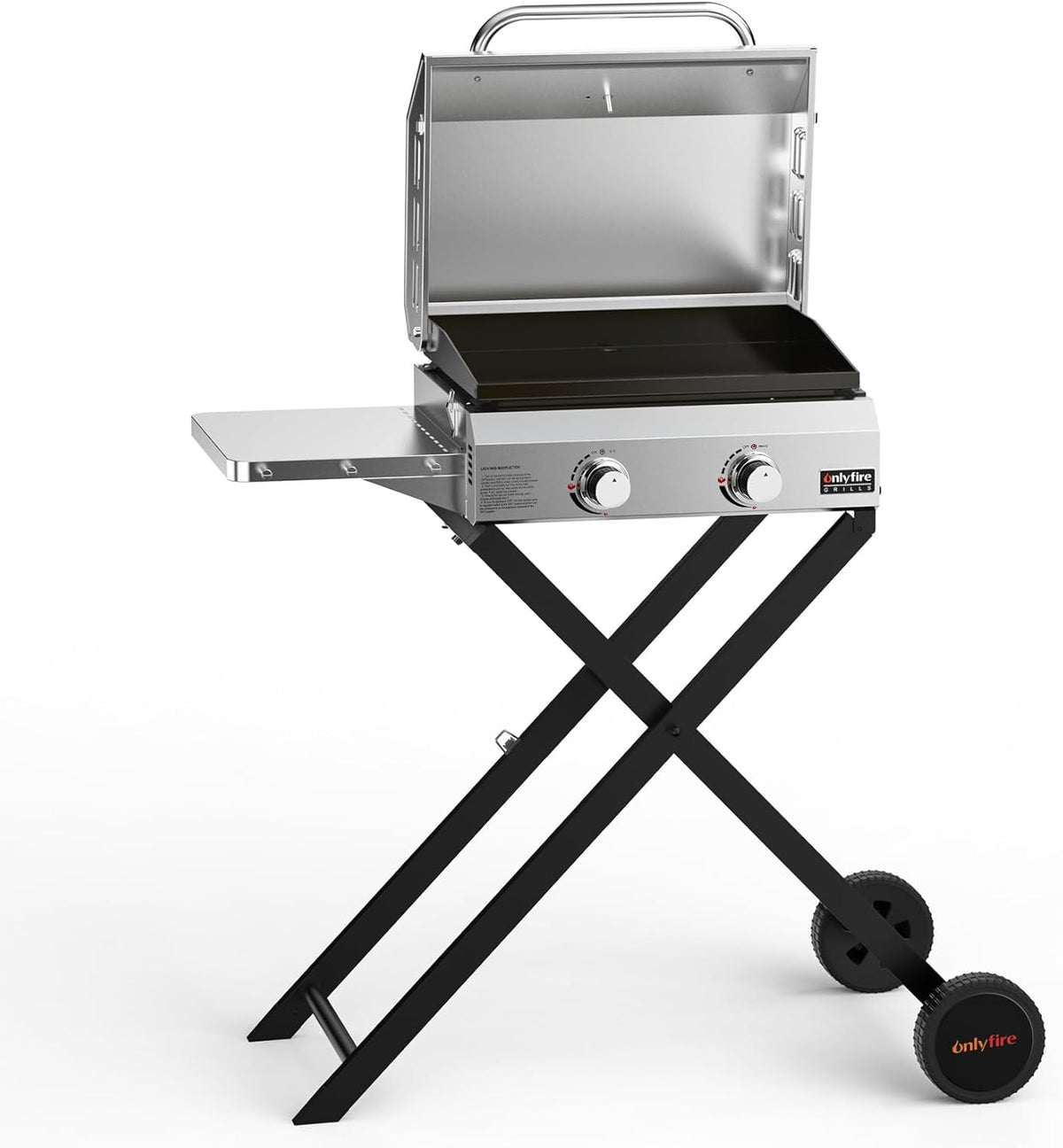 Onlyfire Barbecue à gaz 2 brûleurs inox - Plancha extérieure avec plaque céramique antiadhésive - Chariot avec table d'appoint 4,7 kW pour terrasse balcon camping