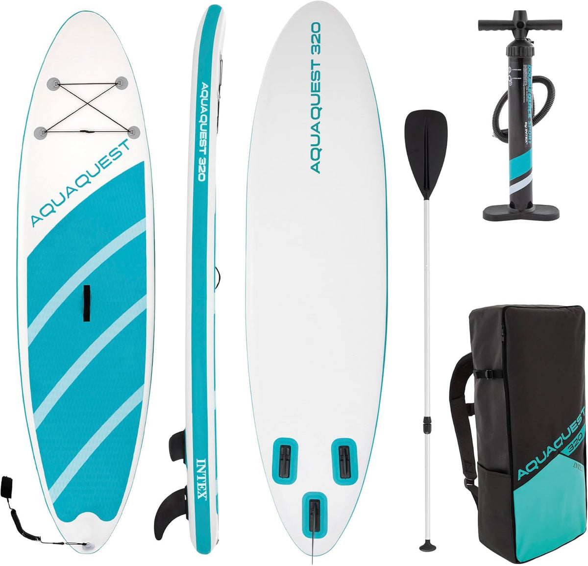 Intex Aqua Quest 320 68242NP - Paddle SUP gonflable plastique bleu 320 x 81 x 15 cm - Charge maximale 150 kg pour adulte - Modèle intermédiaire de 11,59 kg