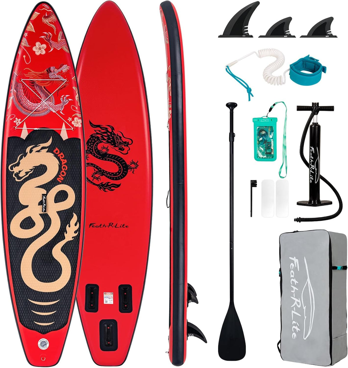FEATH R LITE Paddle gonflable - Stand Up Paddle PVC rouge 335 x 82 cm - Charge maximale 330 livres pour adulte - Pompe pagaie corde et sac à dos
