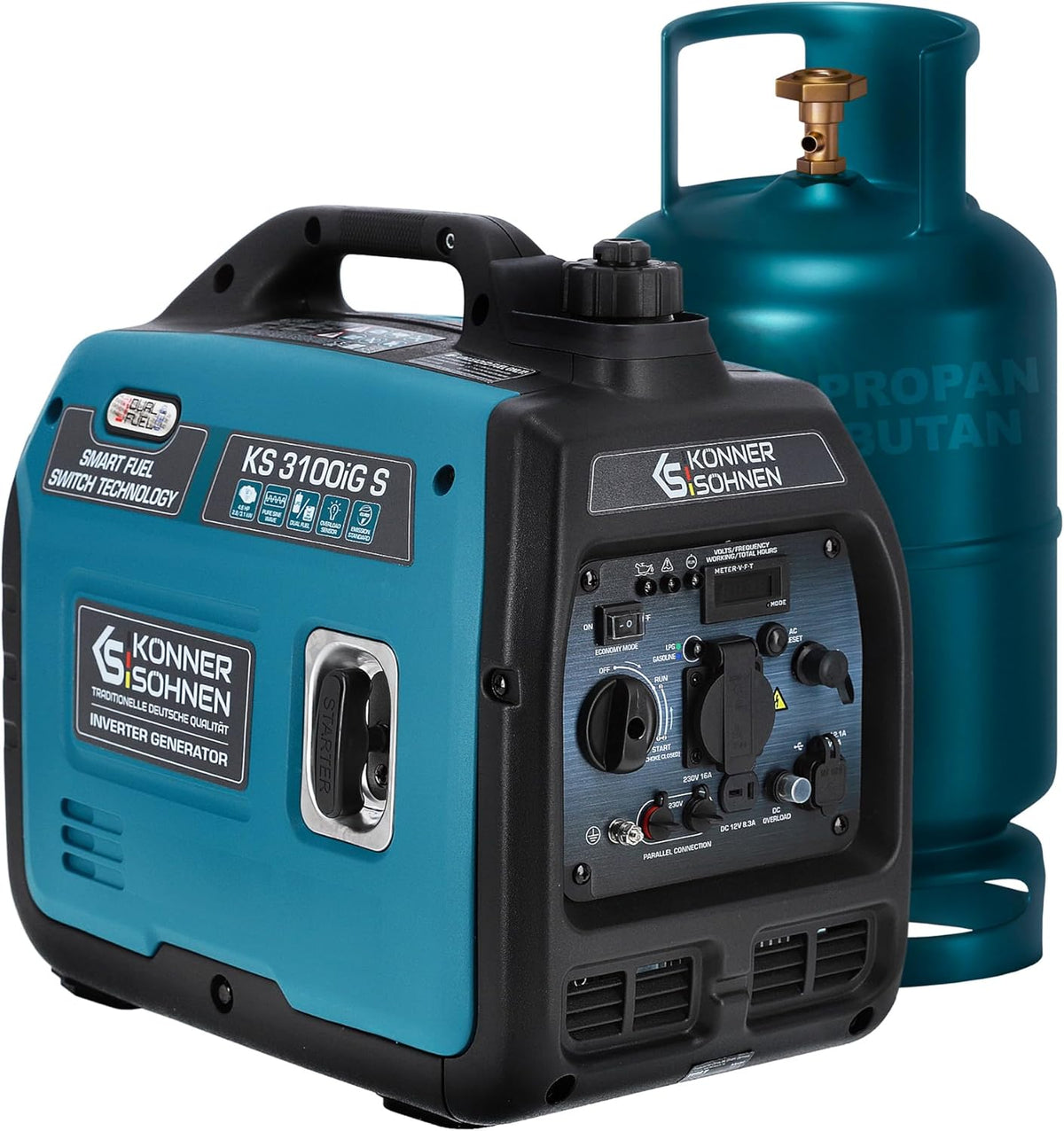 Könner und Söhnen KS 3100iG S - Groupe électrogène 3100 W au GPL - Tension 230 V poids 22 kg - Prise Schuko 2 ports USB mode éco et couplage parallèle