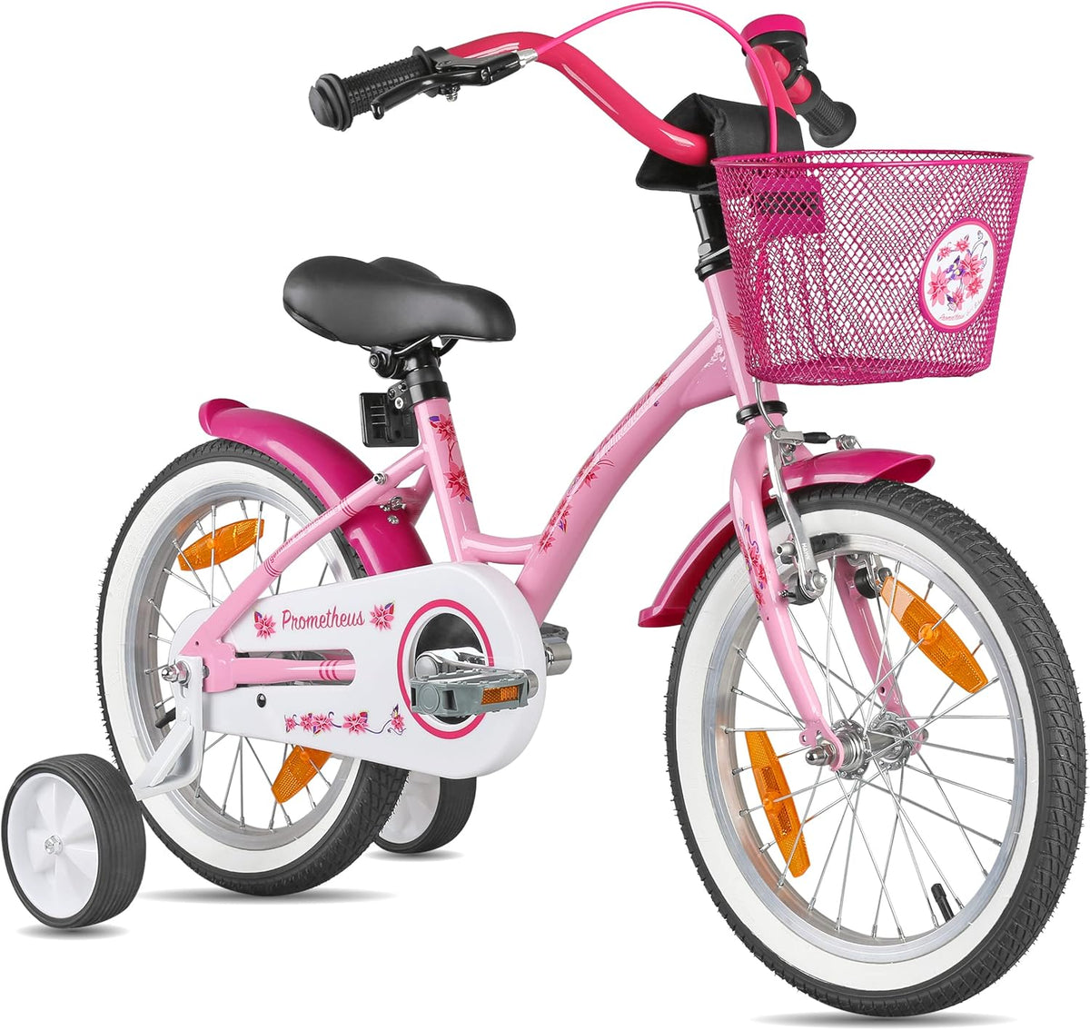 PROMETHEUS BICYCLES - Vélo enfant fille 16 pouces cadre acier - Rose 1 vitesse pour 4 à 5 ans - Panier stabilisateurs garde boue sonnette et réflecteur