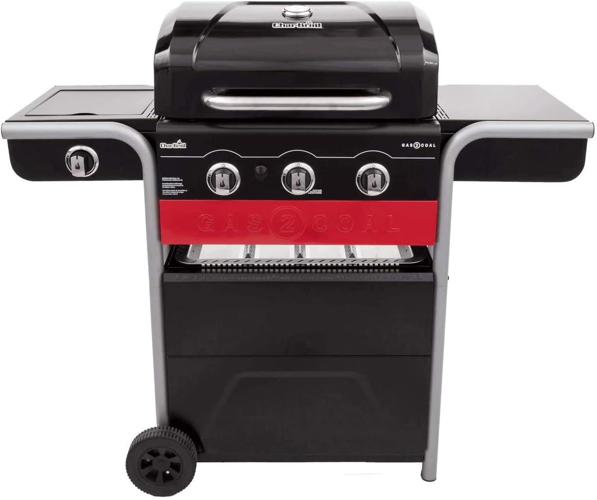 Char-Broil Gas2Coal 330 Barbecue hybride gaz charbon - 3 brûleurs avec plateau charbon breveté - Barbecue extérieur noir pour jardin terrasse