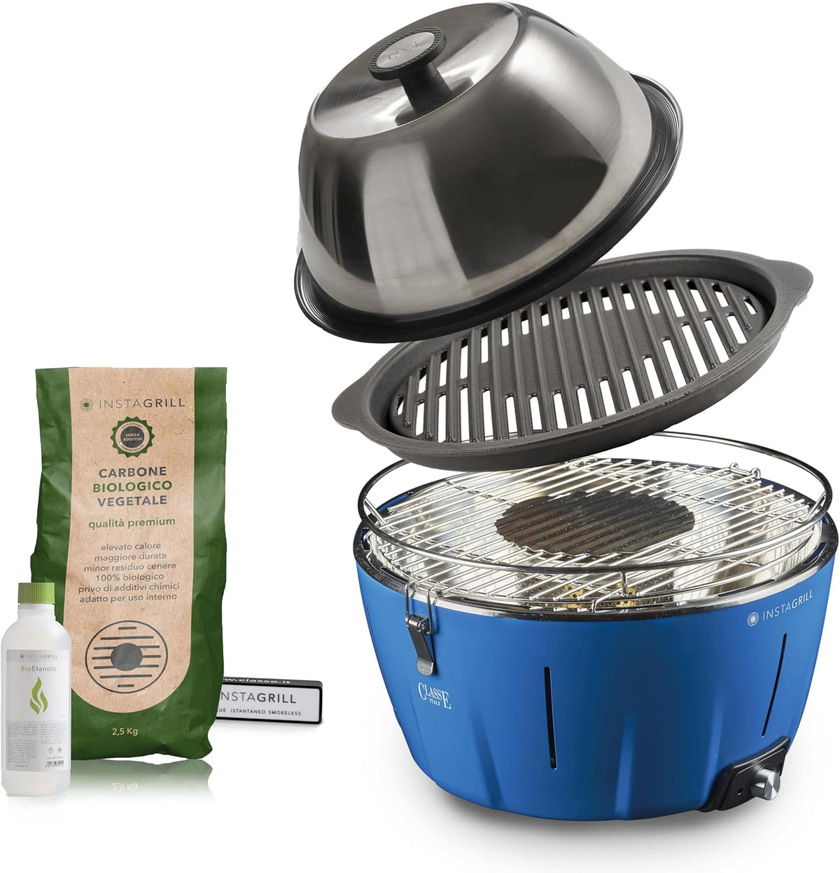 InstaGrill PRO Barbecue à charbon portable - Grille en fonte avec couvercle - Barbecue bleu océan pour balcon camping jardin bateau et camping-car