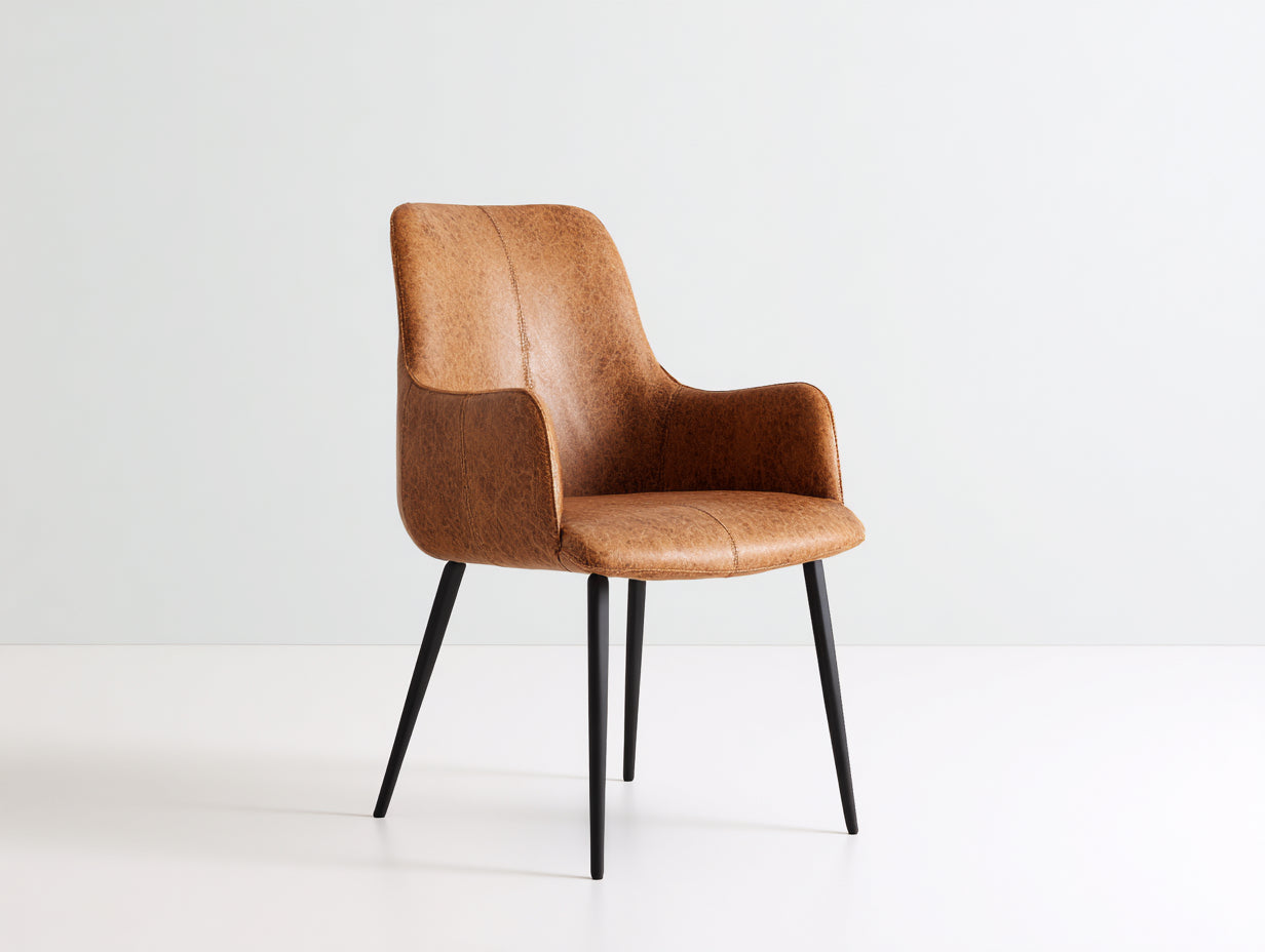 Chaise de salle à manger avec accoudoirs - Simili cuir-Métal - 60x62x84 cm - Marron clair-Noir - Style industriel