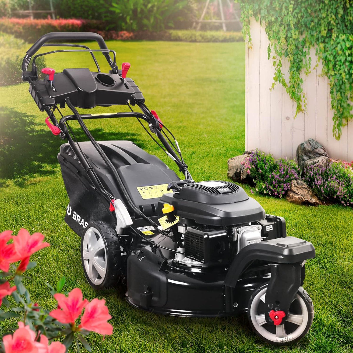 BRAST TRIKE ESTART SPEED - Tondeuse thermique 3 roues 224 cm3 largeur 53 cm - Noire acier allié autotractée - Démarrage électrique 3 vitesses mulching 4 en 1 bac 60 L