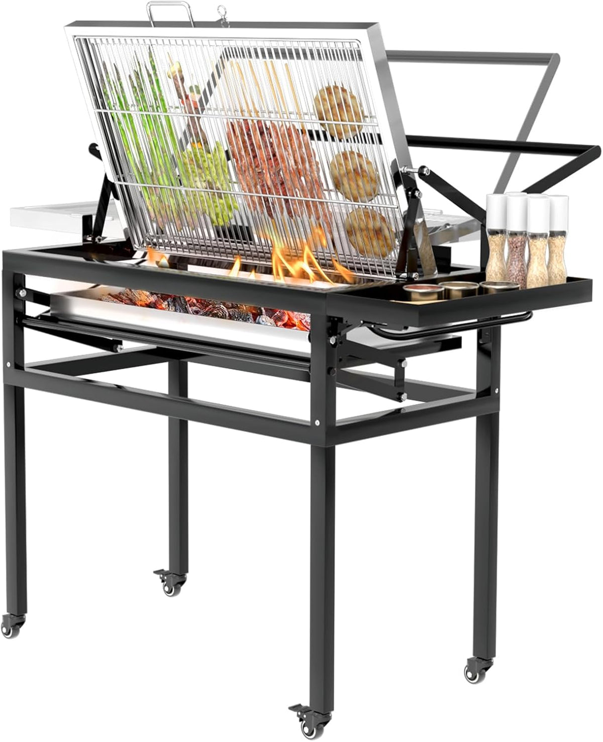 Barbecue à charbon carré extérieur - Grille rotative 360 degrés avec roues - Barbecue sur pied noir pour camping jardin et terrasse