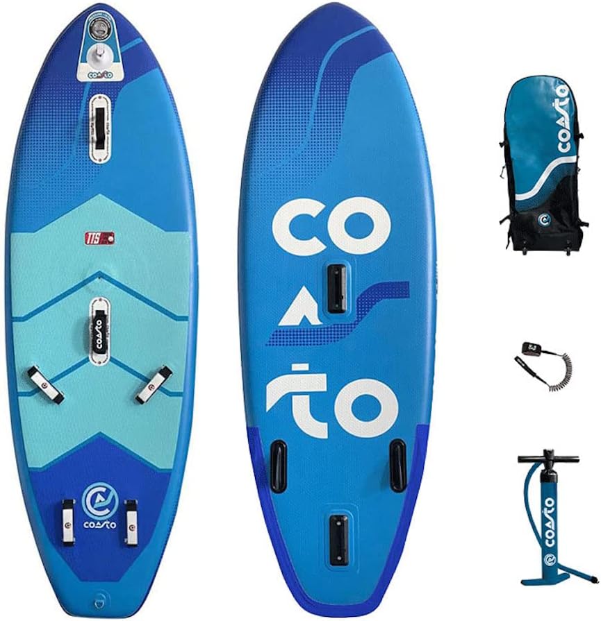 Coasto WindSUP Mir - Planche gonflable PVC bleue pour windsurf Wingsup et Wingsurf - Charge maximale 90 kg et épaisseur 13 cm - Pompe sac leash footstraps et ailerons
