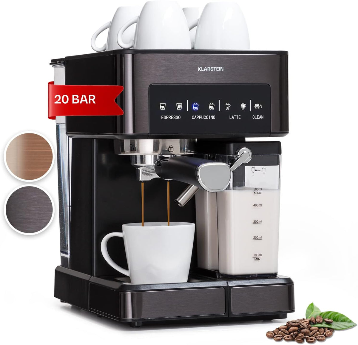 KLARSTEIN - Machine expresso 20 bar avec mousseur à lait - Noir acier inoxydable 1350 W réservoir 1,8 L - Programmable avec filtre pour espresso et cappuccino