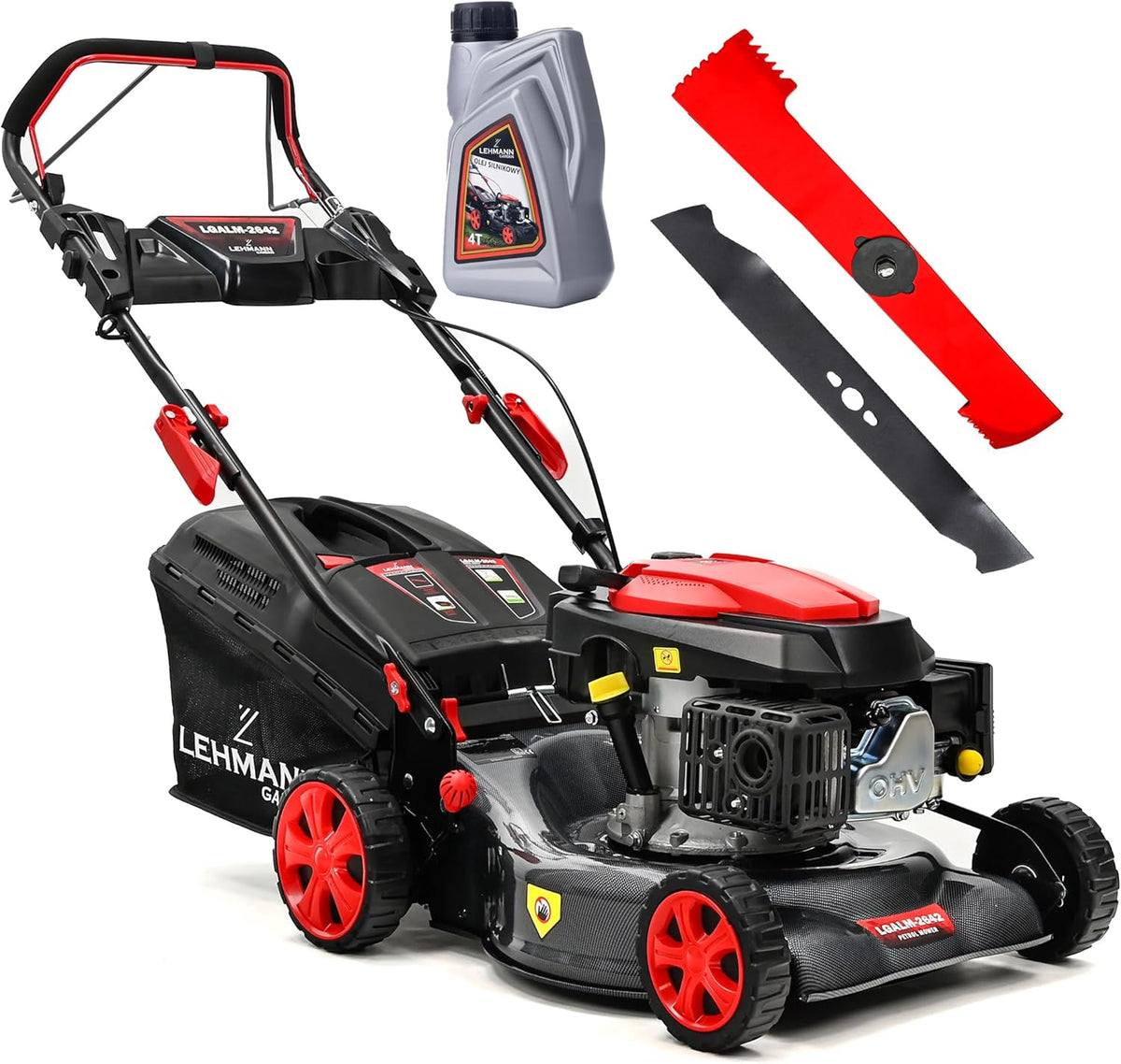 LEHMANN - Tondeuse thermique autotractée 146 cm3 puissance 2,6 kW - Noire largeur 42 cm pour surface jusqu'à 2000 m2 - 5 hauteurs 25 à 70 mm et bac 40 L