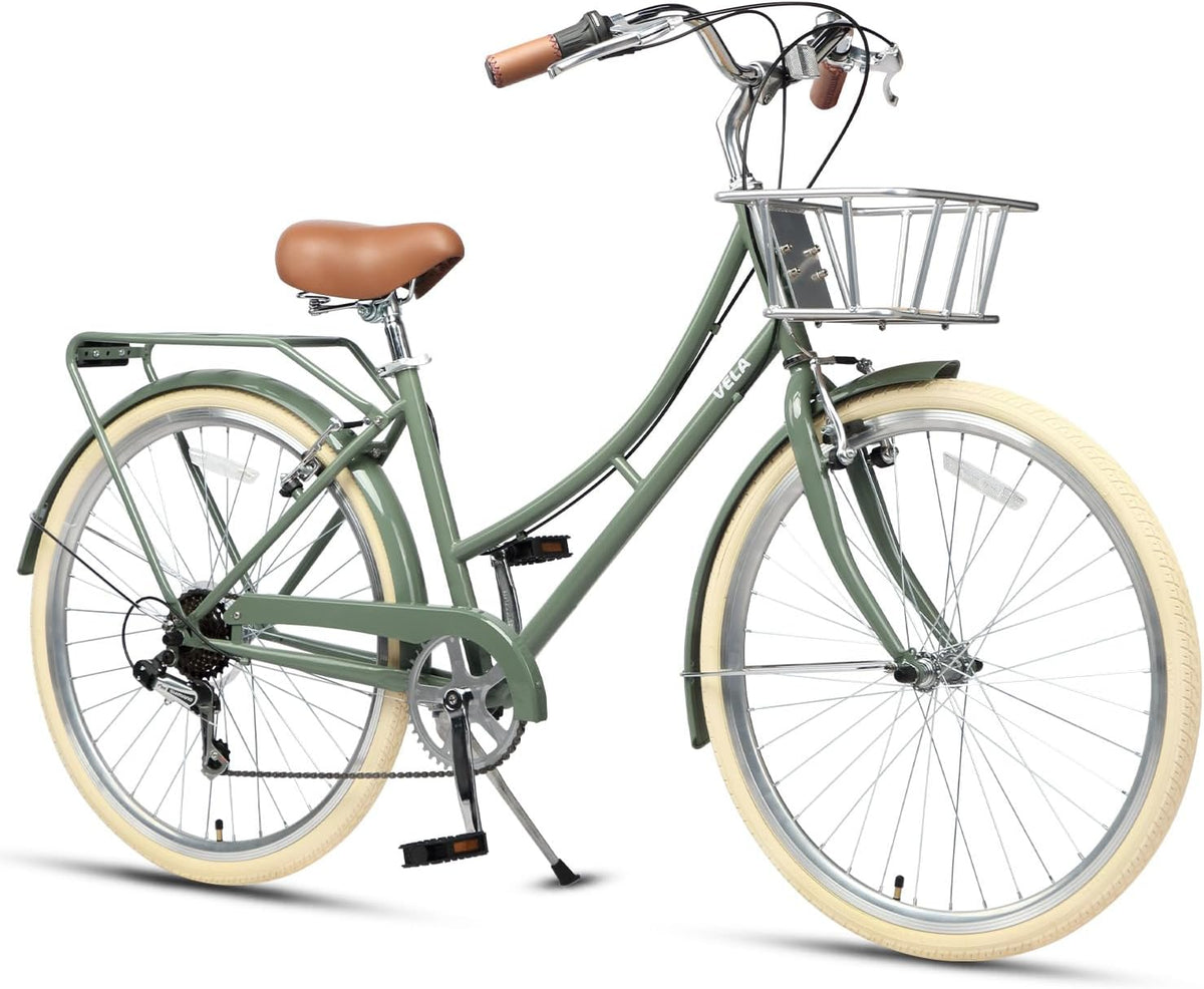 AVASTA Vela - Vélo hybride urbain femme 26 pouces vert - 6 vitesses sans suspension - Freins à tirage linéaire pour déplacements en ville
