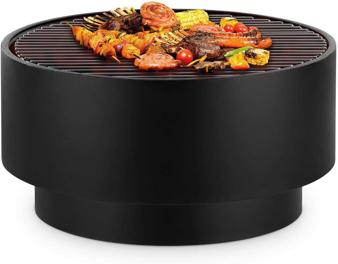 blumfeldt Pompeji - Braséro barbecue rond en acier allié - Noir diamètre 60 cm hauteur 40 cm - Grille chromée 56 cm et plateau en bambou