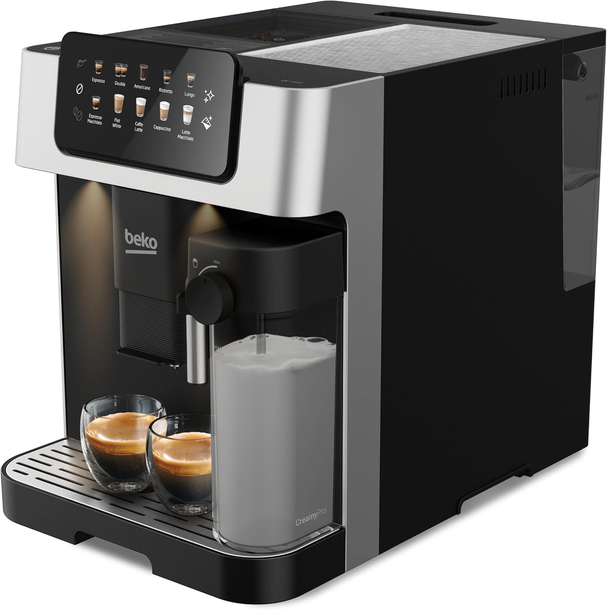 BEKO - Machine expresso automatique grains et café moulu noire - Réservoir 2 L acier inoxydable poids 9,9 kg - Pot à lait pour cappuccino espresso et latte