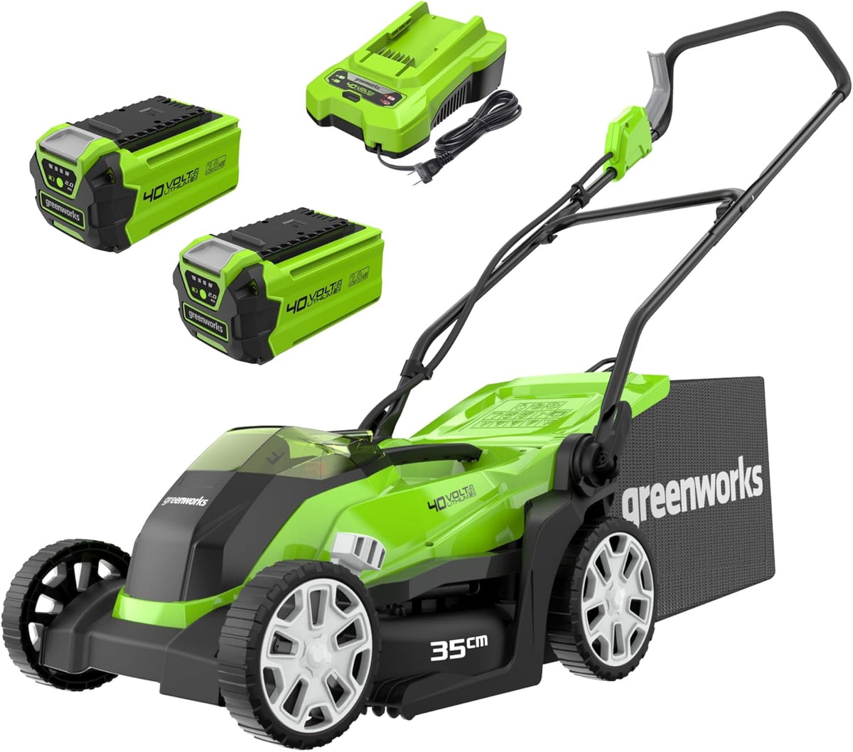 Greenworks G40LM35K2X - Tondeuse à gazon sans fil 40 V largeur 35 cm - Vert noir gris pour pelouse jusqu'à 400 m2 - Sac 40 L avec 2 batteries 2 Ah et chargeur