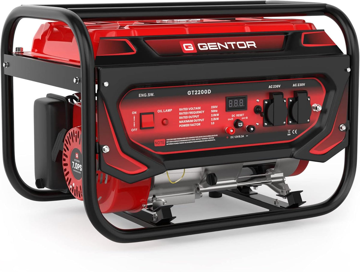GENTOR - Groupe électrogène essence 4 temps 2200 W - Tension 230 V moteur 7 PS poids 38 kg - 2 prises 230 V sortie 12 V voltmètre et démarrage par câble