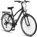 Licorne Bike Trekking - Vélo hybride adulte 28 pouces cadre acier noir et gris - Dérailleur Shimano 21 vitesses - Suspension avant arrière porte bagages et réflecteur