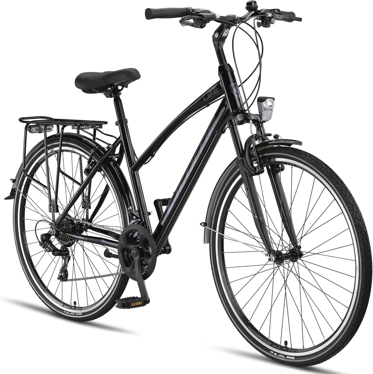 Licorne Bike Trekking - Vélo hybride adulte 28 pouces cadre acier noir et gris - Dérailleur Shimano 21 vitesses - Suspension avant arrière porte bagages et réflecteur