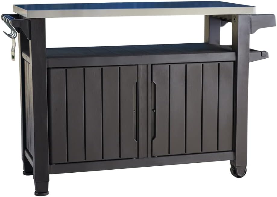 KETER UNITY XL Desserte barbecue graphite - Table de préparation extérieure 207 litres - Rangement avec structure acier inoxydable 134 x 51,7 x 89,6 cm