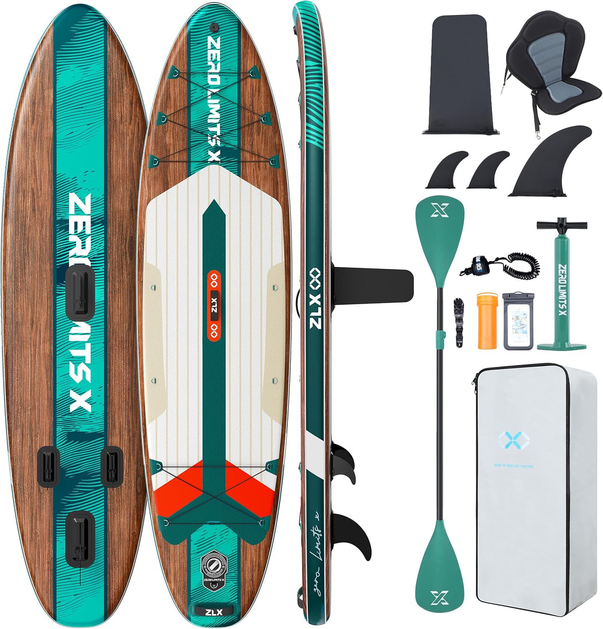 ZLX Paddle gonflable 2 places - Stand Up Paddle plastique vert foncé 320 x 83 cm - Charge maximale 200 kg - Siège pour utilisation paddle kayak et bateau