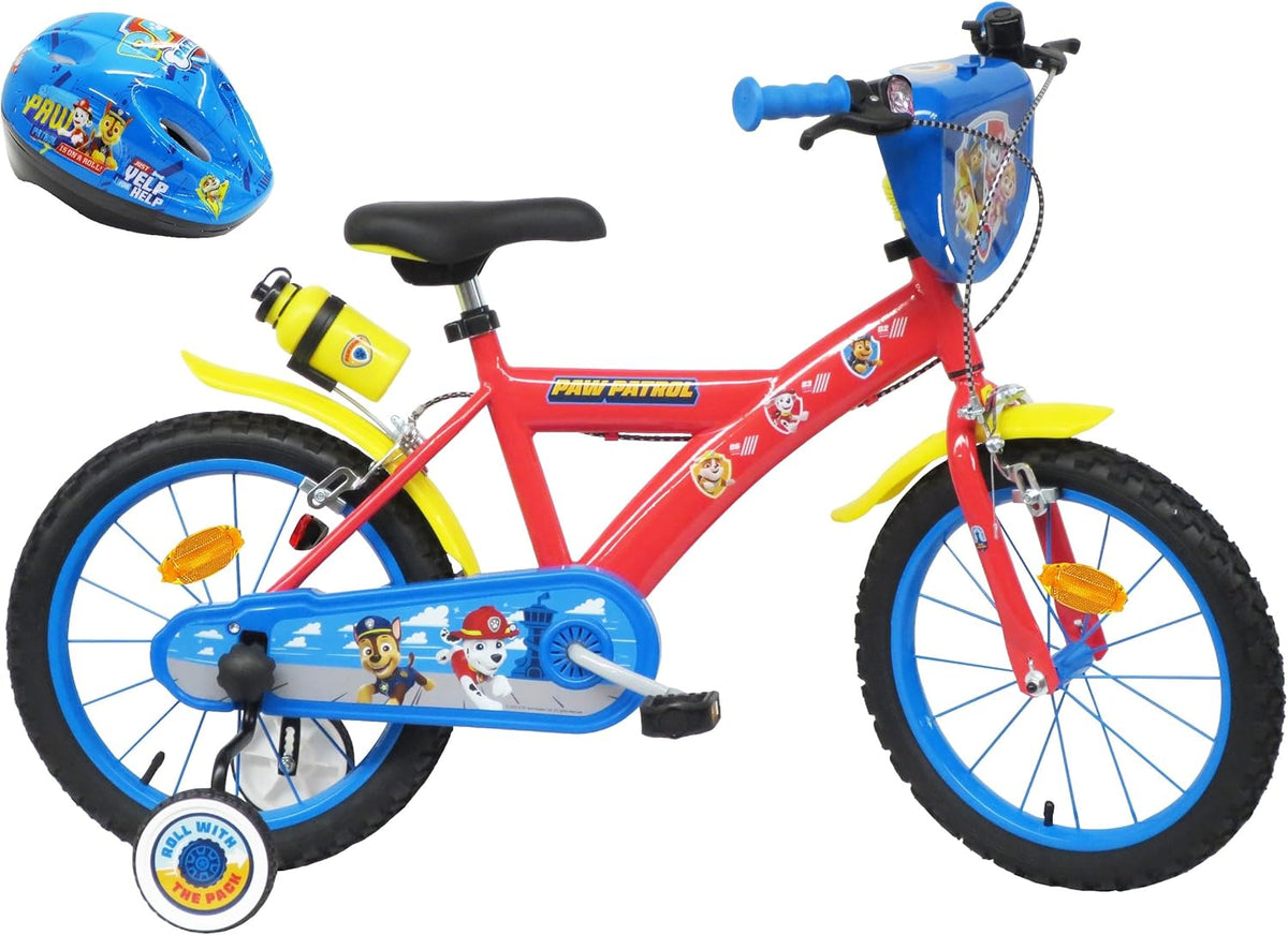 Pat Patrouille Vélo Enfant 16 pouces rouge - Vélo junior acier avec 2 freins garde boues stabilisateurs - Casque bidon porte bidon et plaque avant inclus