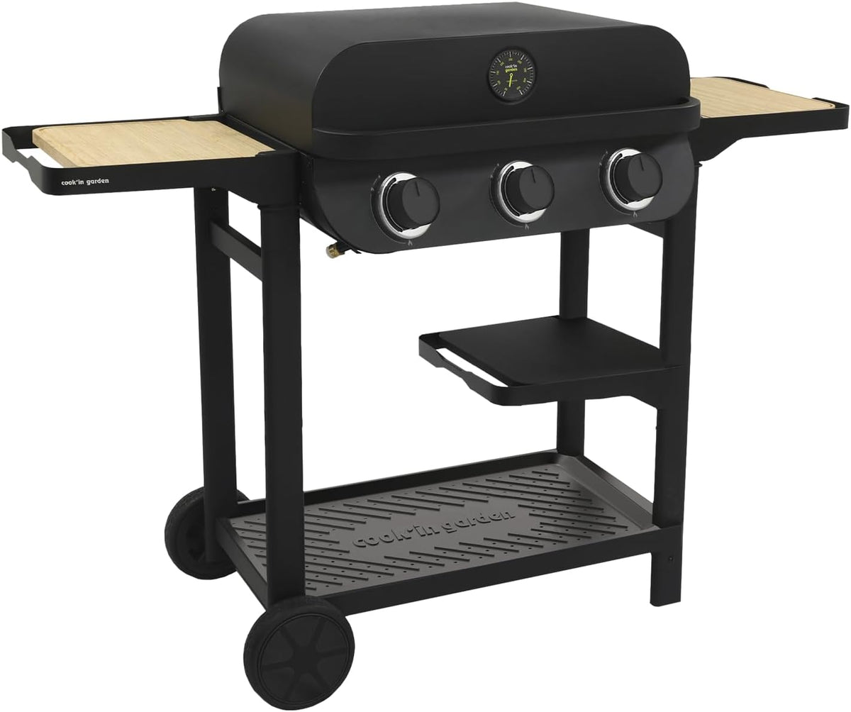 Cook'in Garden Flavo 60 Barbecue à gaz sur chariot - 3 brûleurs grill et plancha - Cuve acier avec capot thermomètre pour jardin terrasse