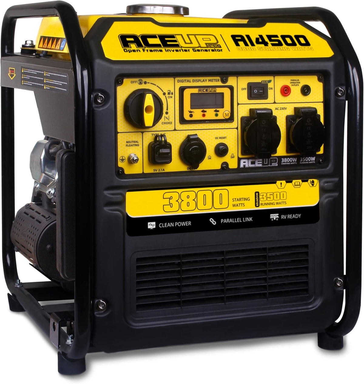 Aceup Energy 3800 W - Groupe électrogène inverter essence 4 temps - Sortie 3800 W tension 230 V poids 28 kg - Prises 230 V 12 V USB et affichage numérique
