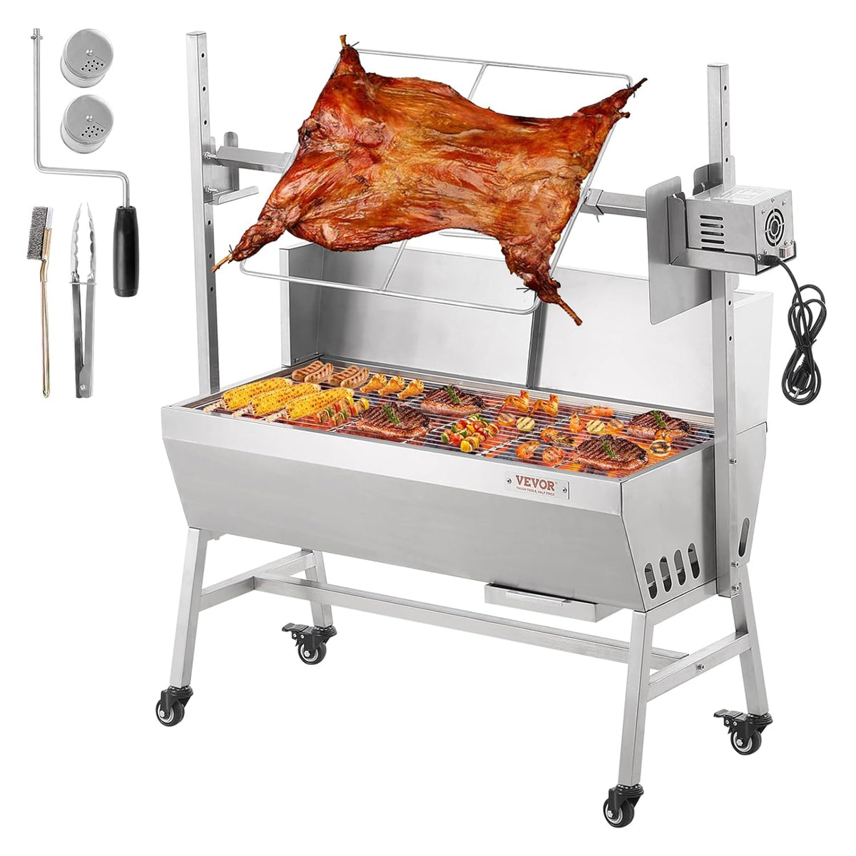 VEVOR Barbecue à charbon avec tournebroche électrique - Rôtissoire inox 94,4 cm moteur 42 W charge 61 kg - Argent 111 x 41,7 x 108 cm - Hauteur réglable et roues verrouillables