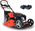 Scheppach MS225 53E - Tondeuse hybride 224 cm3 4400 W largeur 53 cm - Noir et rouge moteur 4 temps 6 CV - Démarrage électrique bac 65 L batteries chargeurs huile inclus