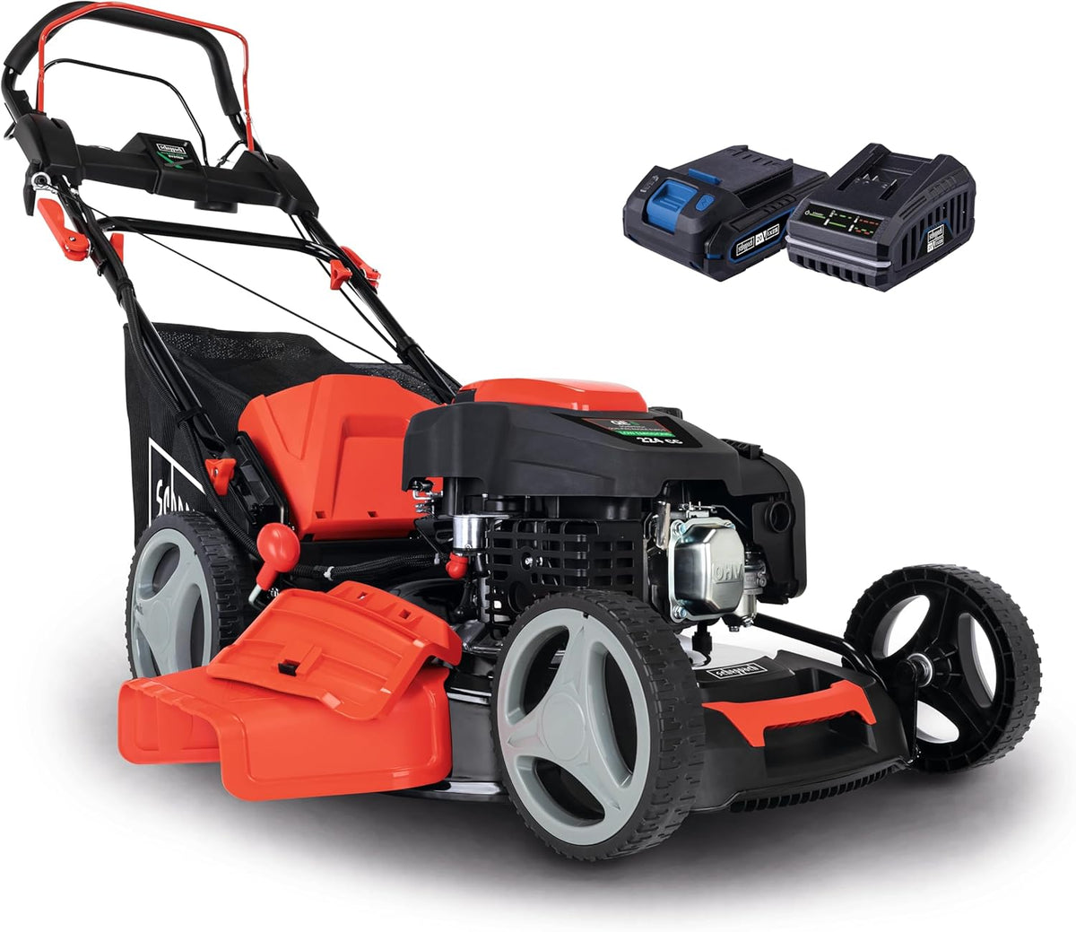 Scheppach MS225 53E - Tondeuse hybride 224 cm3 4400 W largeur 53 cm - Noir et rouge moteur 4 temps 6 CV - Démarrage électrique bac 65 L batteries chargeurs huile inclus