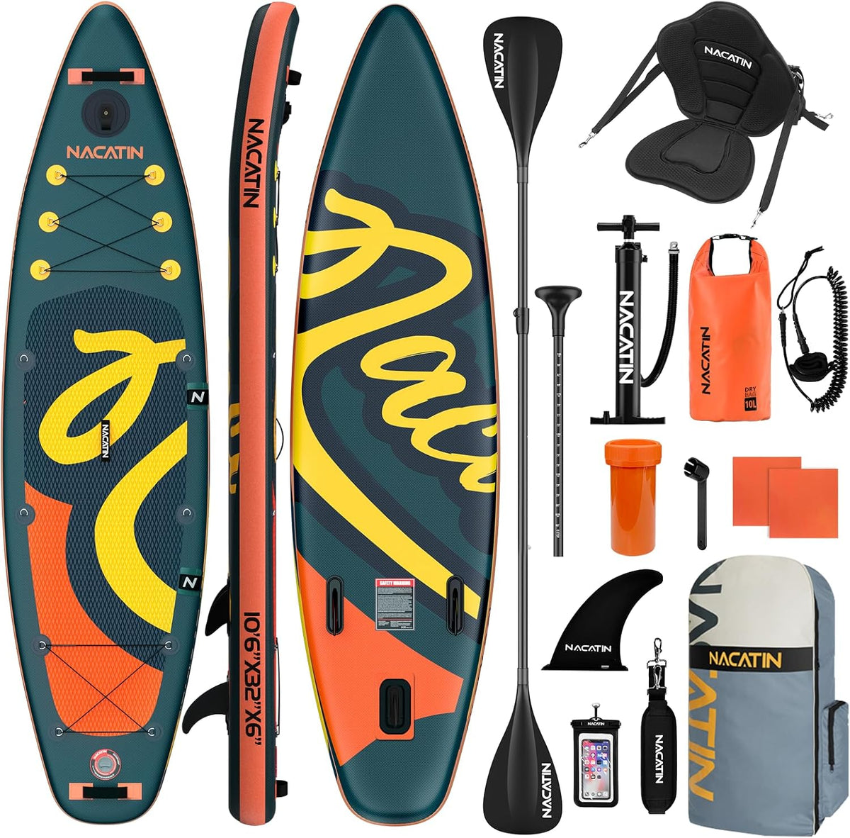 Paddle Gonflable 10'6 avec Conversion Kayak - Planche Stand Up Paddle PVC orange adulte - Kit complet SUP tous niveaux charge maximale 200 kg