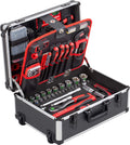 Meister 8971480 - Mallette à outils professionnelle 238 pièces - Aluminium et bois noir 46 x 35,5 x 21 cm - Roues manche télescopique et rangement étanche