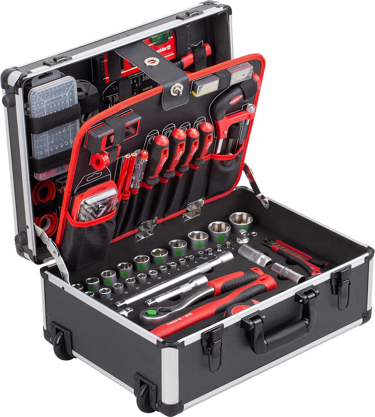 Meister 8971480 - Mallette à outils professionnelle 238 pièces - Aluminium et bois noir 46 x 35,5 x 21 cm - Roues manche télescopique et rangement étanche