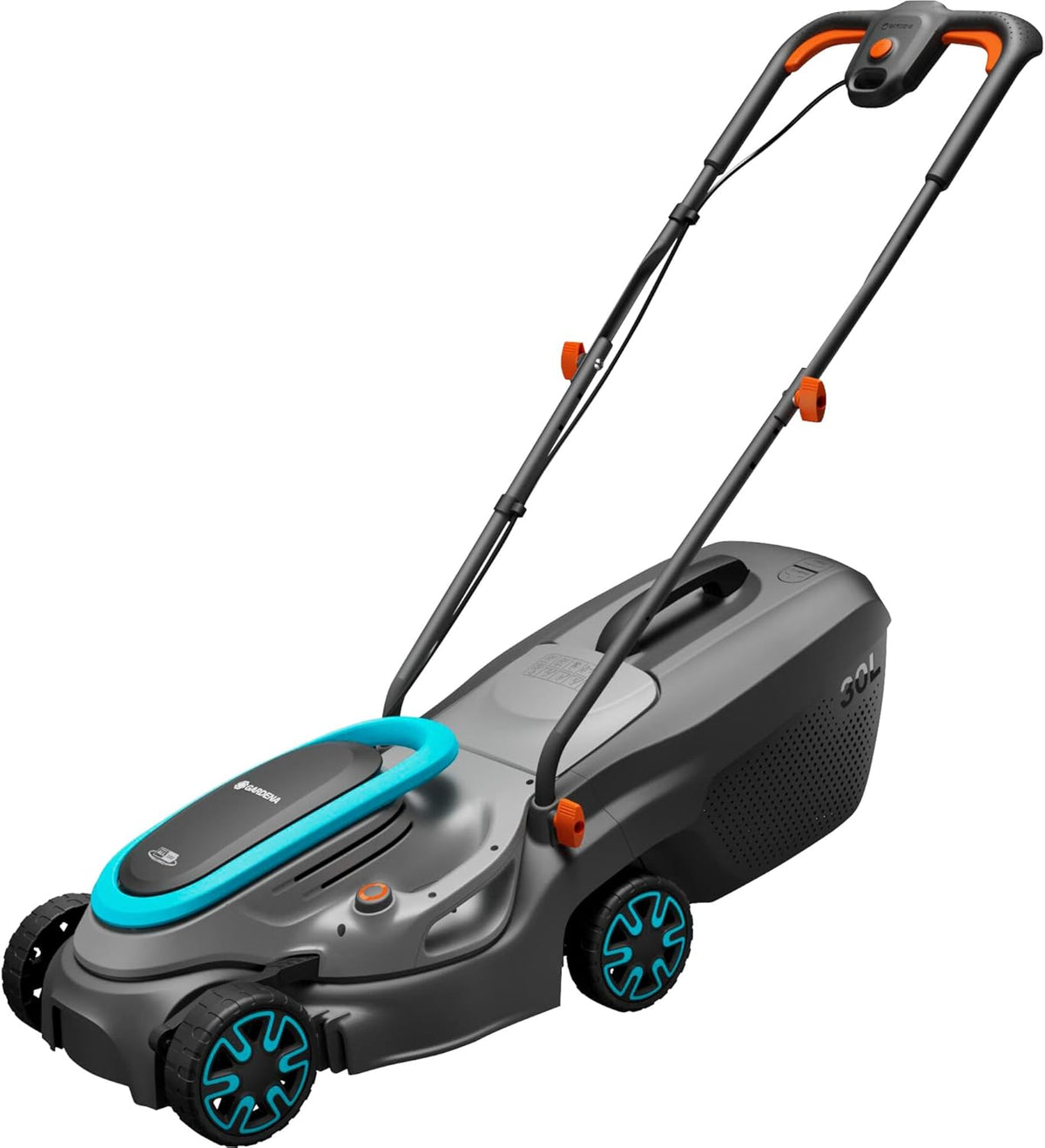 Gardena PowerMax 32 18V P4A 14632 20 - Tondeuse sans fil largeur 32 cm - Turquoise pour pelouse jusqu'à 200 m2 - Bac 30 L hauteur jusqu'à 65 mm moteur PowerPlus