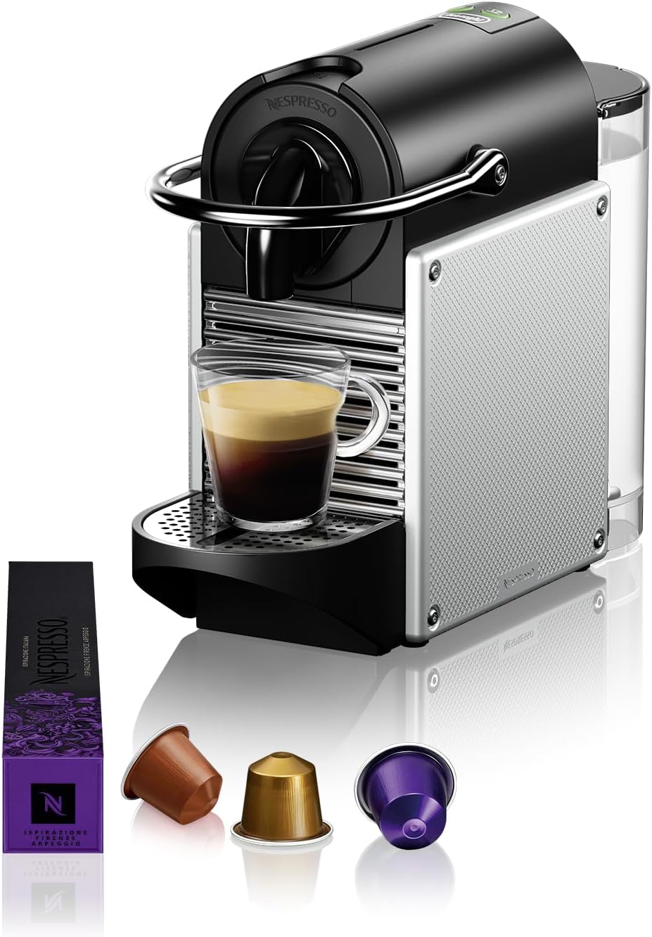 Nespresso De Longhi Pixie EN124.S - Machine expresso à capsules 1260 W - Métal argenté aluminium poids 3,24 kg - Réservoir 0,7 L programmable avec panneaux en capsules recyclées