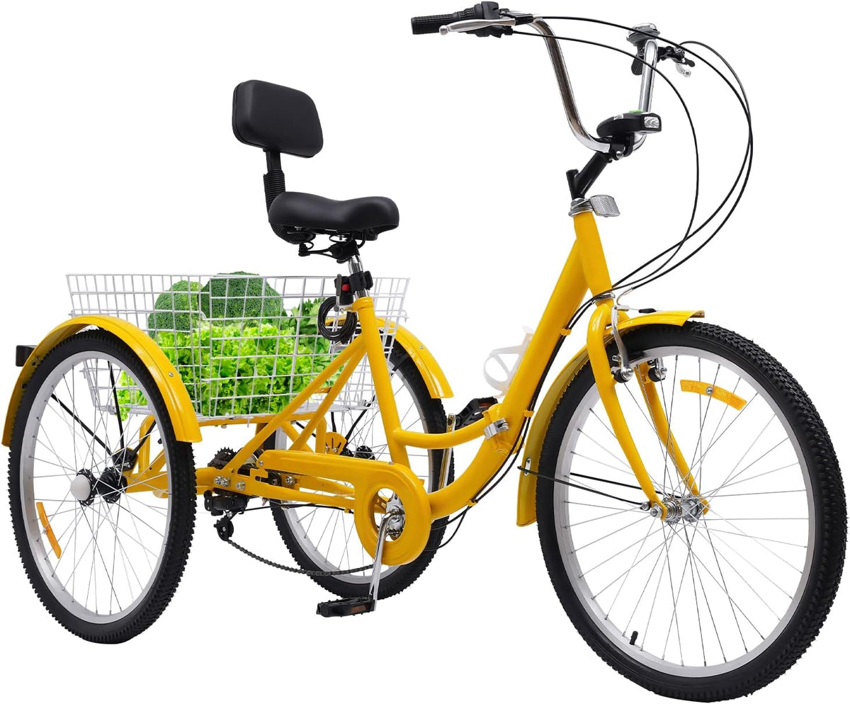 Tricycle adulte pliable - Vélo 3 roues 24 pouces cadre acier carbone - Jaune 7 vitesses - Panier porte gobelet feu LED et réflecteurs
