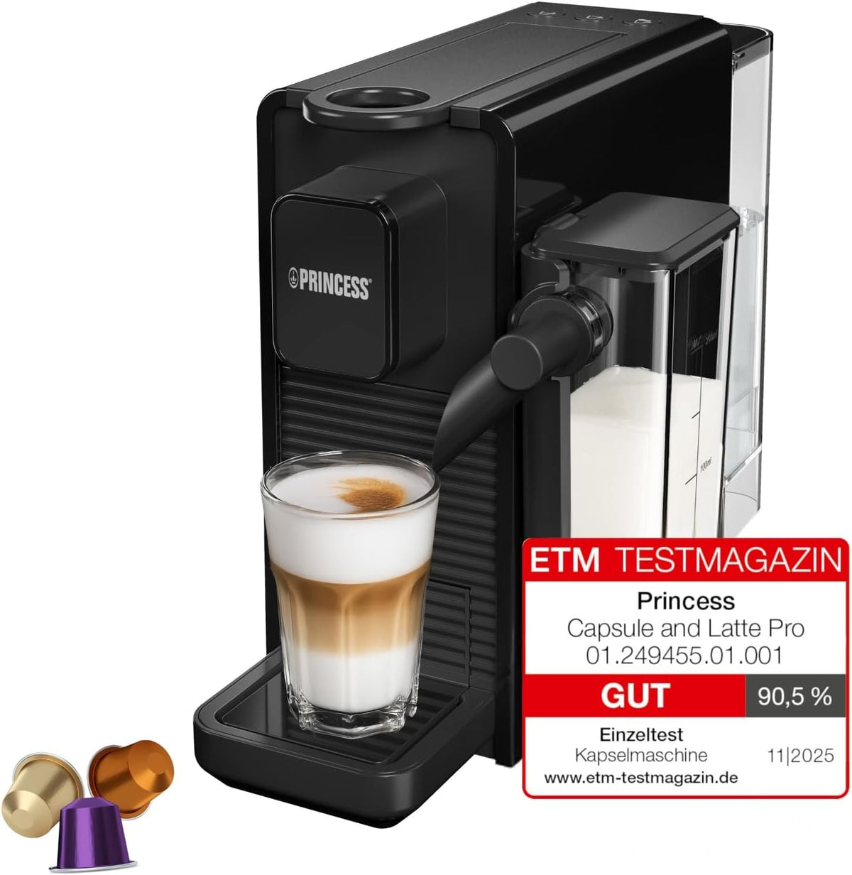 Princess Capsule and Latte Pro Machine espresso capsules - Compatible Nespresso avec lait automatique 20 bar - Puissance 1400 W noir