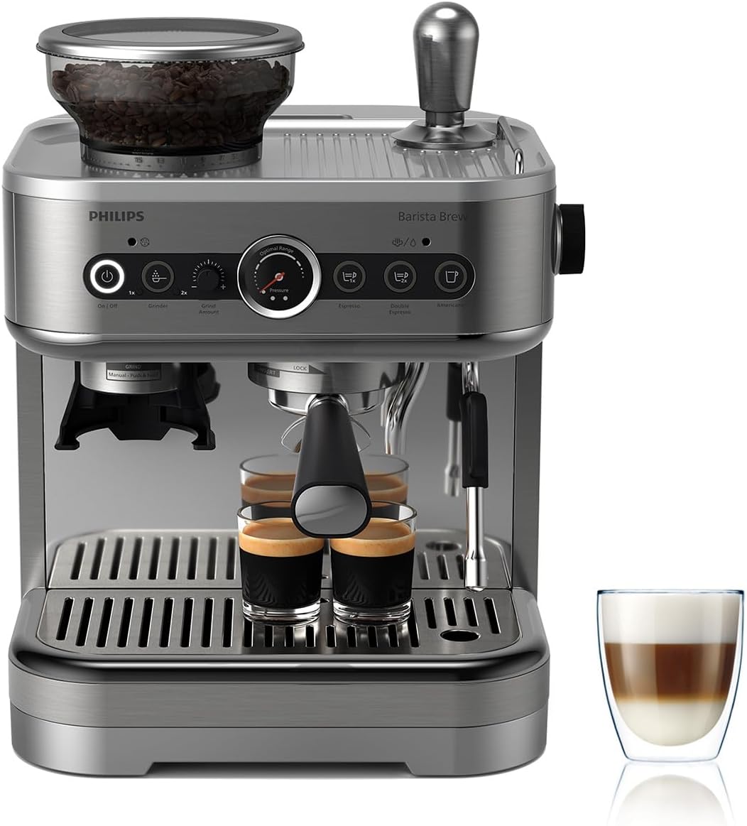 Philips Barista Brew PSA3218 01 - Machine expresso semi automatique argentée - Réservoir 450 ml bac à grains 250 g - Mousseur à lait réservoir amovible et tamper calibré