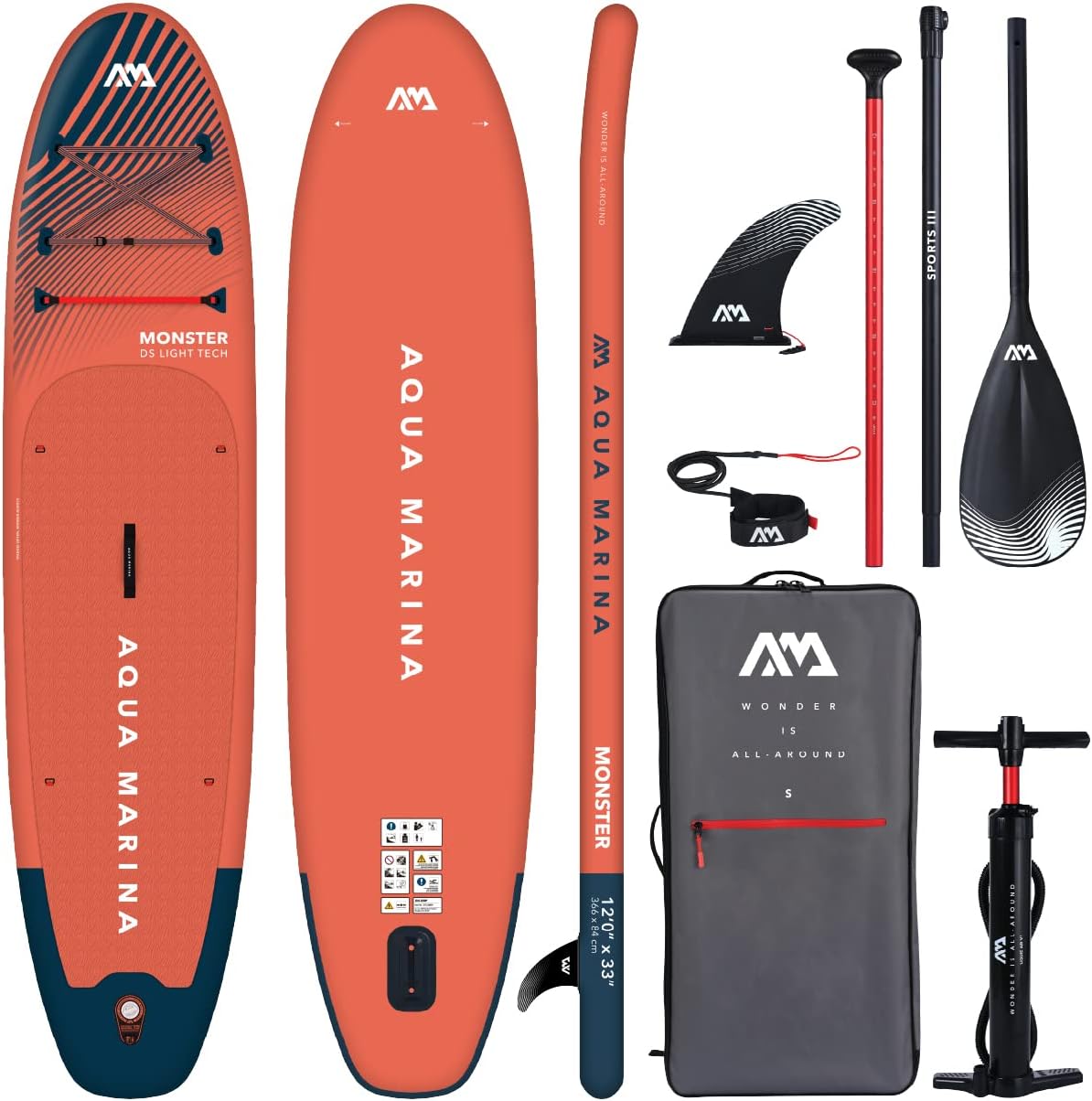 Aqua Marina Monster - Planche Stand Up Paddle gonflable PVC 366 cm - Rouge Sky Glider pour adulte - Charge maximale 374 livres et épaisseur 6 pouces