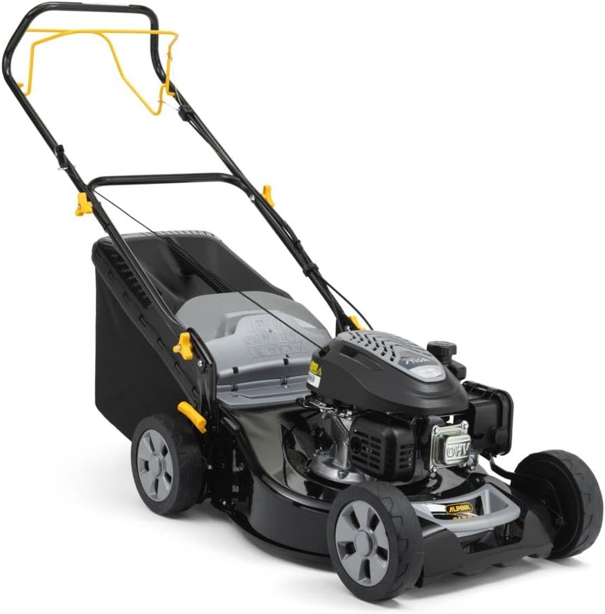 Alpina AL5 46 SA - Tondeuse à gazon thermique tractée - Noire largeur de coupe 46 cm pour surface jusqu'à 1200 m2 - Bac 60 L poids 27 kg et traction aux roues