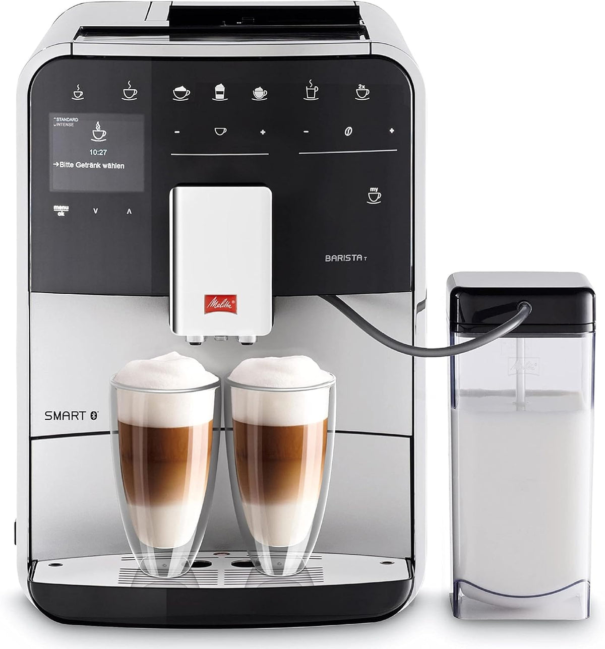 Melitta Barista T Smart Machine à café grains connectée - Broyeur intégré One Touch - Double bac à grains et 18 spécialités café argent