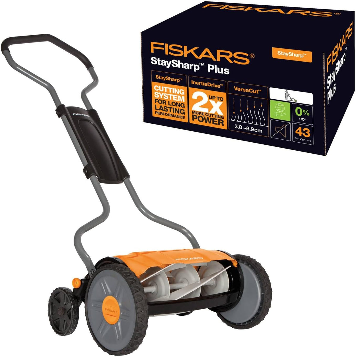 Fiskars StaySharp Plus Tondeuse à gazon manuelle à cylindre - Coupe 43cm sans frottement - Tondeuse classique noire orange argent