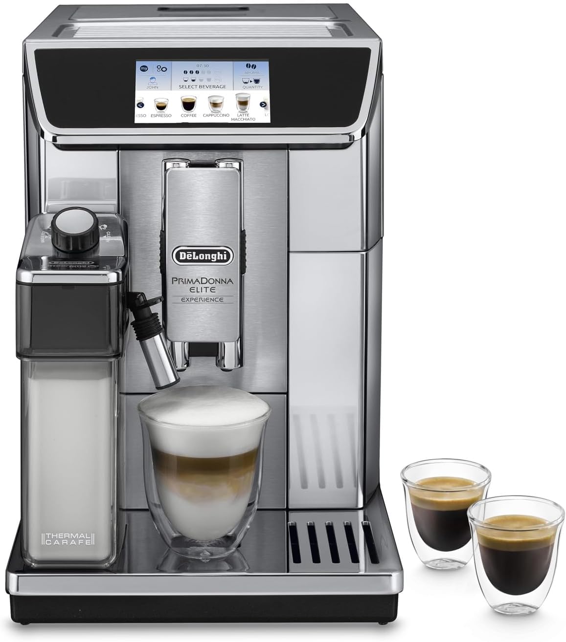 De Longhi PrimaDonna Elite Experience ECAM650.85.MS - Machine expresso automatique argentée - Acier inoxydable avec broyeur intégré - Mousseur à lait application café chaud et glacé