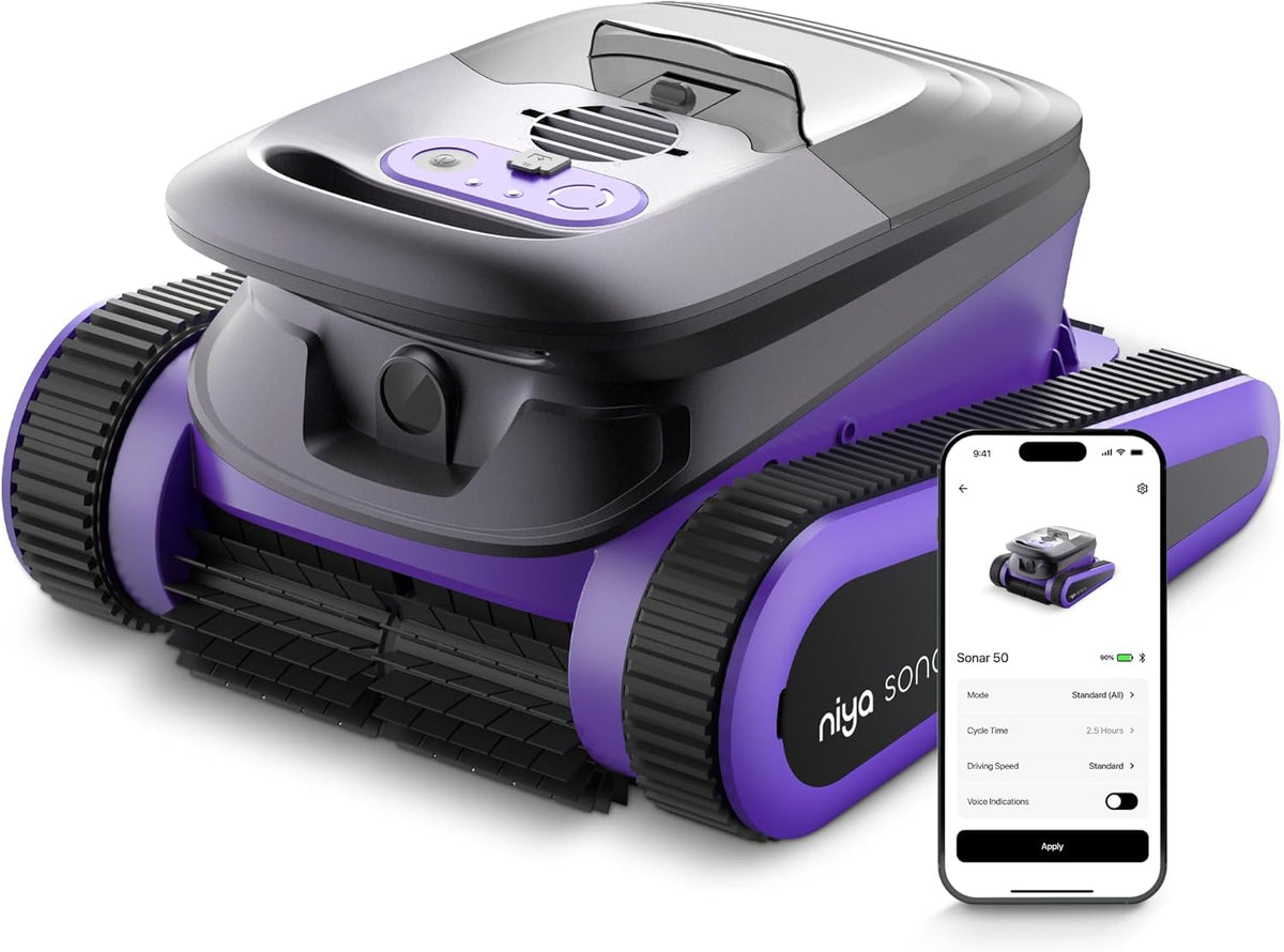 Niya Sonar 50 - Robot aspirateur de piscine sans fil - Noir et violet 42,6 x 39,6 x 28,7 cm pour bassin jusqu'à 12 m - Nettoyage de ligne d'eau