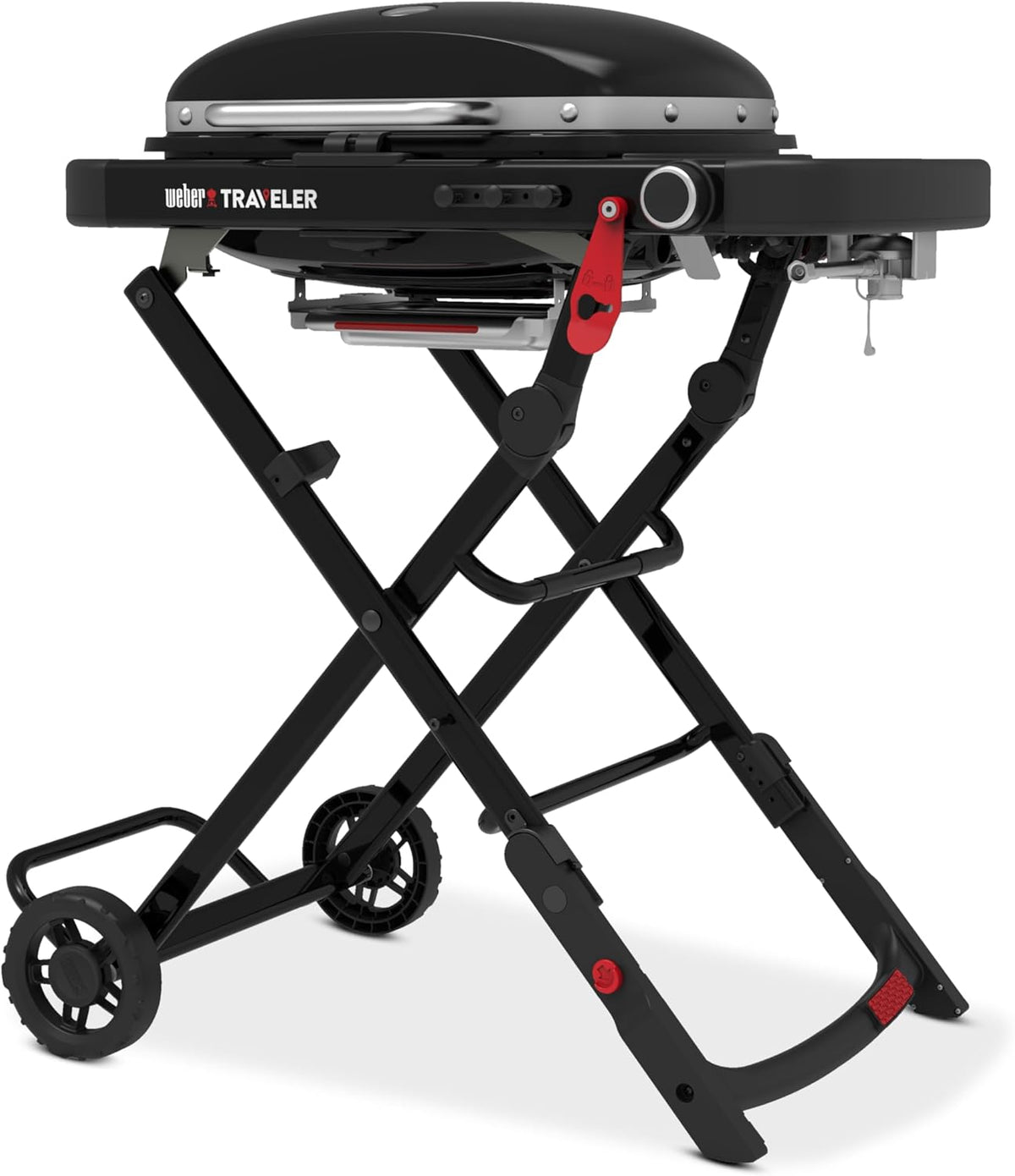 Weber Traveler Compact Barbecue à gaz portable - Conception pliable avec roues et couvercle verrouillable - Surface de cuisson 52 x 36 cm avec thermomètre noir