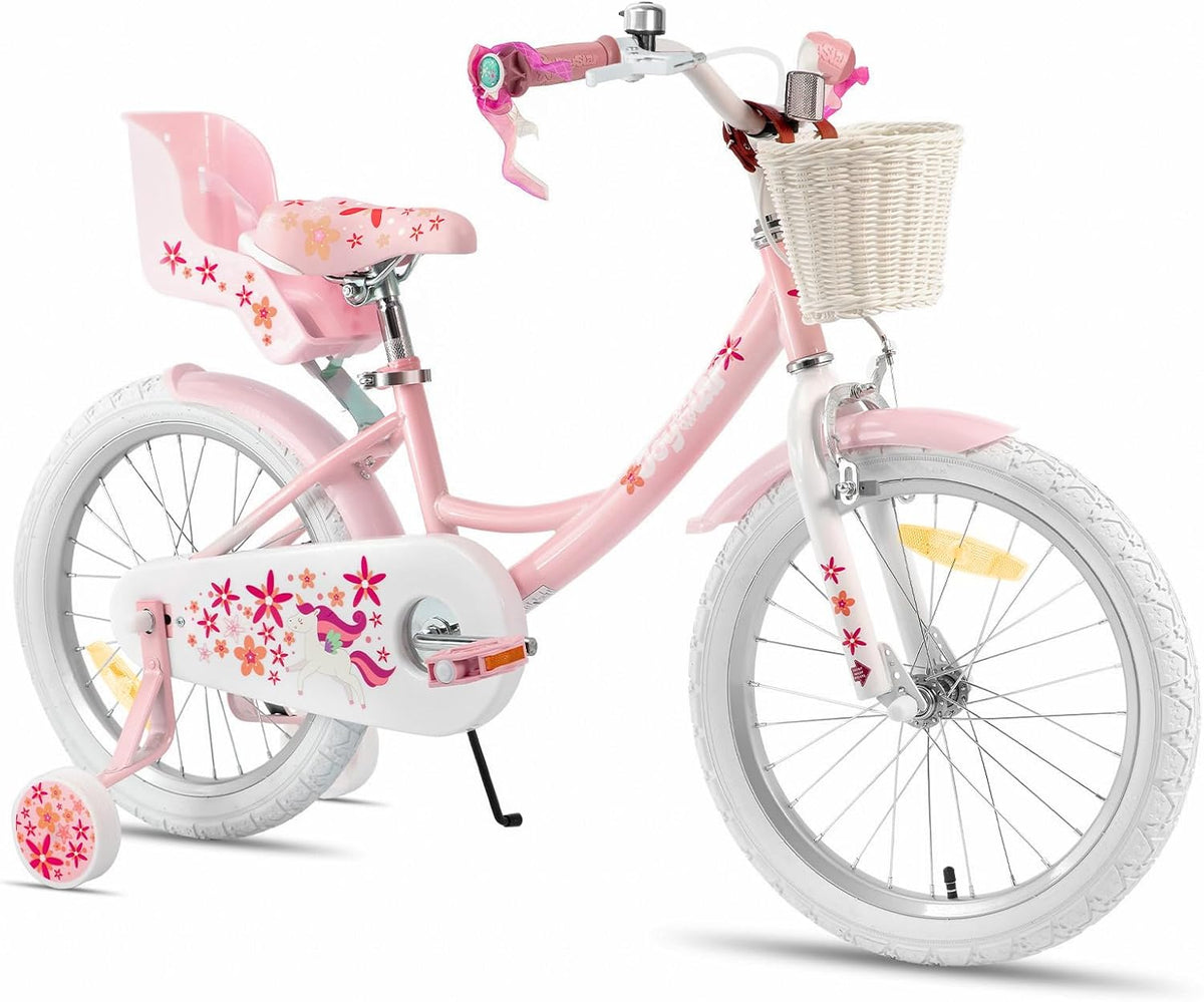JOYSTAR Licorne Vélo Enfant Fille rose - Vélo junior 12 14 16 18 pouces avec panier siège poupée roues stabilisatrices